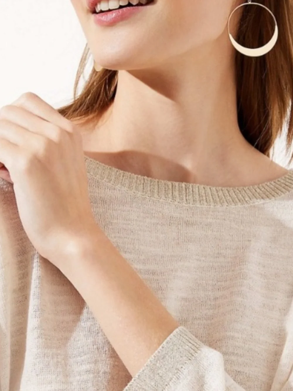NWT LOFT Cream Gold Shimmer Trim 3/4 Sleeve Linen Blend Sweater